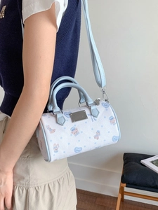 Women's Boston shoulder bag in blue and white with cartoon bear pattern and top handles