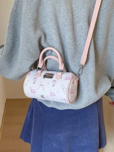 Mini floral Boston handbag with pink straps and cute cartoon prints for women