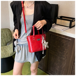 Detail of red croc-embossed bucket bag with star pendant and metallic brand plate