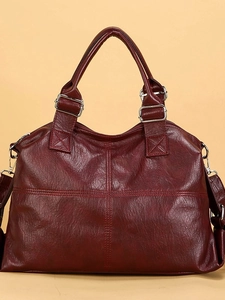 Deep wine red leather tote bag with lychee texture and cross stitching decoration