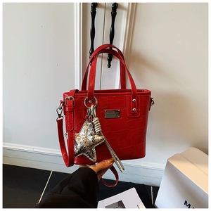 Detail of red crocodile texture bucket bag with silver star pendant and polished handles