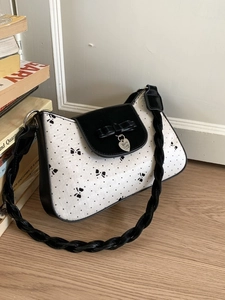 Damen Retro Süß PU Leder Umhängetasche Punktemuster Schleife Bedruckte Achseltasche Mit Geflochtenem Gurt Herzanhänger