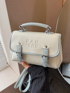 Chic beige and blue square crossbody bag with textured leather and metal buckle details