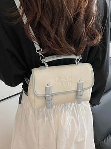 Retro cream and light blue crossbody box bag with PANTOR lettering and leather texture