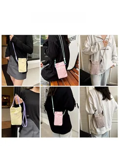 Detailed views of plaid canvas crossbody phone bags in yellow, pink, and coffee colors