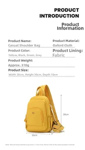 Detailed size specifications and side view of the yellow oxford fabric shoulder bag