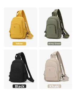 Detailed display of multifunctional crossbody bags in yellow, green, black and khaki