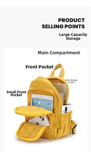 Detail showing high-capacity compartments of yellow nylon backpack with daily gadgets