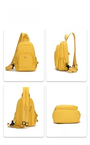 Detailed 360-degree views of a mustard yellow nylon multi-functional crossbody backpack