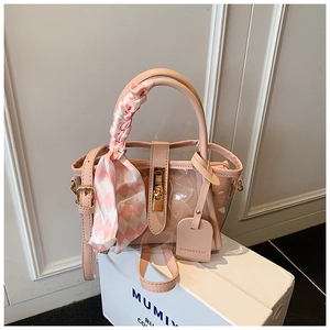 Sac seau en PVC rose transparent avec foulard à carreaux décoratif et fermoir doré