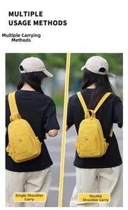 Detailed view of yellow versatile backpack with multiple strap configurations for outdoor use
