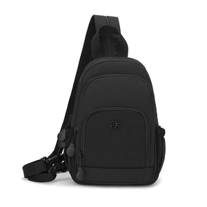 Detail shot of black nylon crossbody bag with circular mS logo and zipper pockets