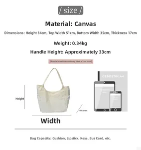 Detailed size guide of the white canvas tote bag showing dimensions and capacity