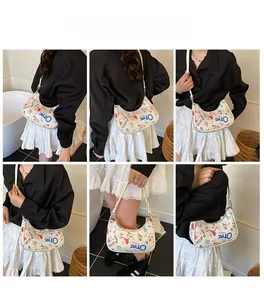 Multiple views of beige graffiti hobo bag shown on a model in a minimalist room setting