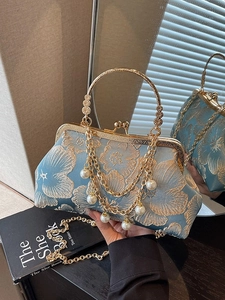 Borsa a Mano Vintage in Stile Cinese Jacquard Floreale Con Chiusura a Scatto Nappa di Künstliche Perle Catena Donna Pochette da Sera