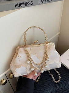 Borsa vintage in jacquard floreale con manico tondo dorato e decorazione con perle