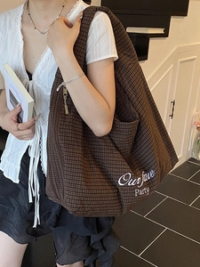Retro brown striped large capacity canvas tote bag with artistic lettering print