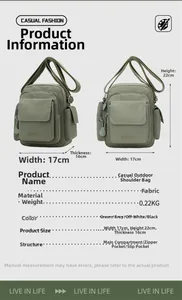 Detailed size specifications for the small square military green fabric crossbody bag