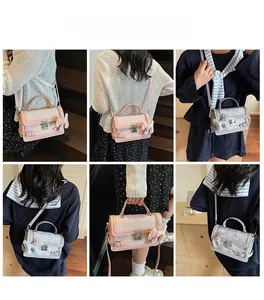 Fashionable crossbody bags for women showing pink and grey models in different angles