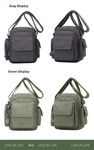 Detail of grey and green nylon crossbody bags with multi-pockets and adjustable straps