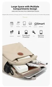Detailed view of cream backpack interior showing compartments for tablet and daily items