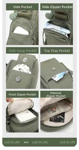 Detailed six-grid view showing the multi-pocket storage and waterproof nylon fabric of the bag