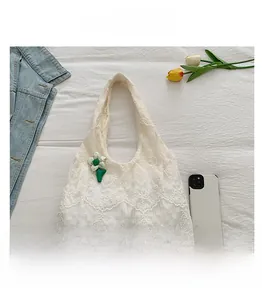 Detailed view of white floral lace embroidery fabric on large capacity tote bag