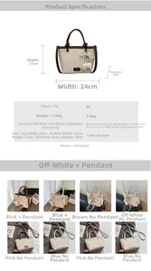Size chart showing dimensions for a woven bucket bag with pearl tulip pendant