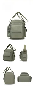 Multi-angle views of an army green nylon crossbody bag with multiple utility pockets