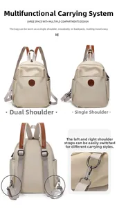 Detail showing versatile backpack with adjustable straps and metal buckles in beige nylon