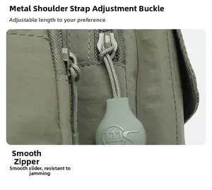 Detail of olive green nylon bag showing hardware buckle and dual smooth zippers