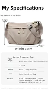Detailed size chart and multi-pocket structure overview of the beige casual tote bag