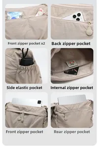 Detail view of large capacity nylon crossbody bag showing multiple pockets and storage