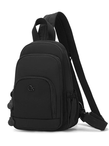 Black high-density nylon crossbody chest bag with adjustable strap and multi-pocket design
