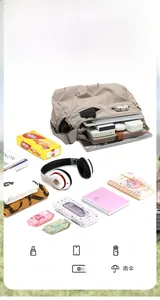 Detail view of khaki nylon crossbody bag showing large capacity for tablet and gear
