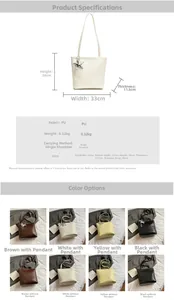 Detailed chart showing size dimensions and multiple colors for the woven bucket bag