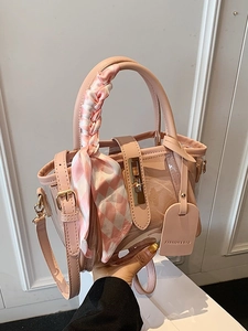 Sac à Main Femme Vintage Transparent PVC Cuir PU Avec Foulard Carreaux Serrure Métallique Or Sac Seau Petit Sac Bandoulière