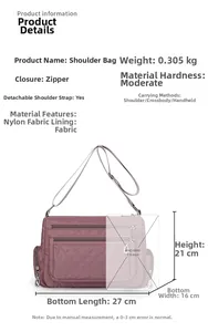 Detailed size and material chart for the purple nylon diamond pattern crossbody bag