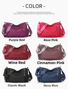 Detailed grid view of quilted nylon crossbody bags showing six available color options