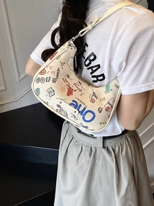Graffiti crescent moon hobo bag in cream faux leather with colorful artistic prints
