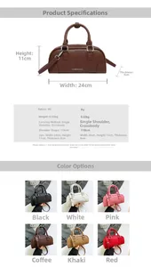 Dimensions détaillées et options de couleurs pour sac boston en cuir PU grainé