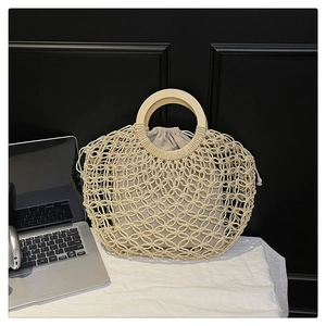 Detail of hand-woven hollow geometric pattern bag with round wooden handles