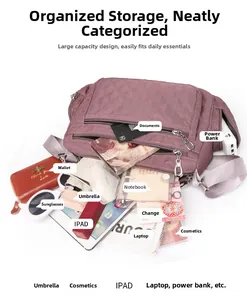 Quilted nylon crossbody bag showing spacious interior and storage for iPad and daily items