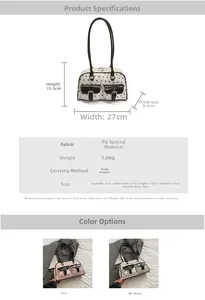 Detailed size guide for PU shoulder bag showing dimensions, weight and color options