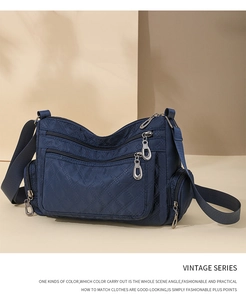 Detail of multi-pocket nylon crossbody bag with diamond quilting and silver zippers