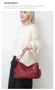 Detail view of burgundy nylon crossbody bag featuring quilted patterns and multiple zipper pockets