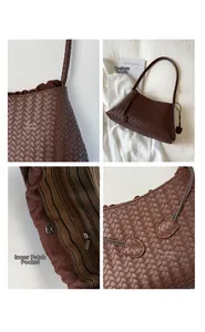 Details der handgewebten Lederhandtasche mit gestreiftem Futter und Kordelzug-Akzenten