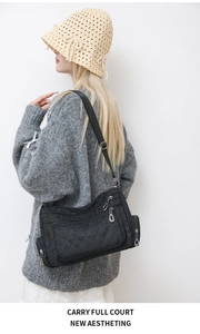 Close-up of lightweight nylon crossbody bag with quilted texture and multiple zipper pockets