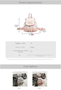 Size chart for mini PU leather fashion backpack showing dimensions 18x20x10 cm