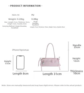 Size chart for pink PU baguette bag showing 31x12cm dimensions and iPhone comparison